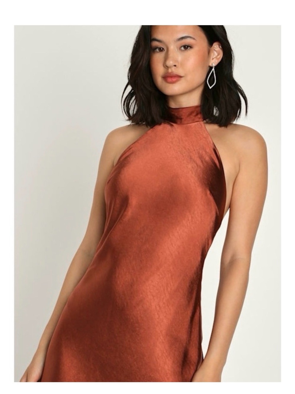 LULUS Copper Satin Halter Neck Open Back Old Money Wedding Guest Slip Dress M - Picture 4 of 6